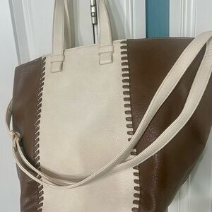 Anthropologie Two-Tone Cream and Brown Women's Tote Bag
